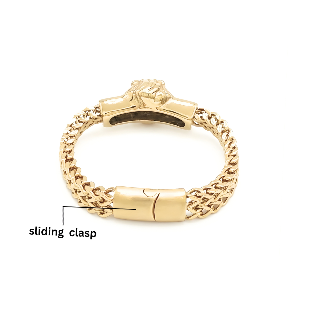 18K Gold Plated Stainless Steel Lion Head Franco Link Bracelet – Sculpted 3D Lion Centerpiece Mesh Link Bracelet for Men & Women